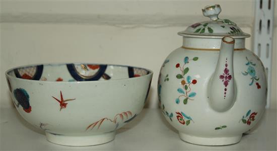 A Worcester polychrome teapot and cover, probably decorated in the atelier of James Giles, teapot damaged (3)